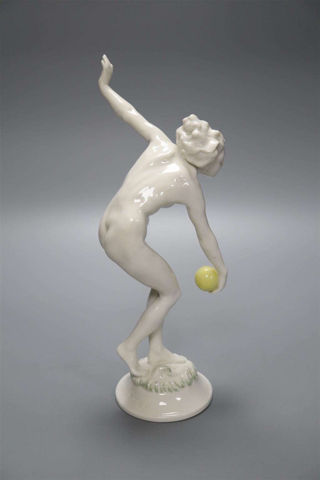 An Art Deco Hutschenreuther porcelain figure, nude female with ball, 27cm